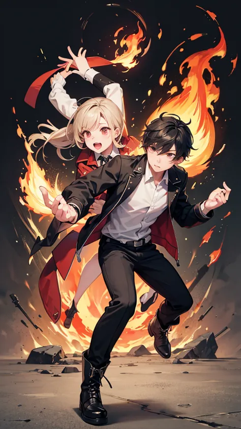 male、male性、maleの人、full body、Life size、Long legs、wears a shirt under a casual collared jacket、 black pants 、Strappy boots、Cool fighting pose、Flames are coming out of my hands 