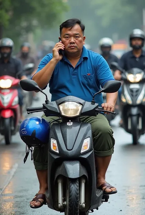 An Indonesian man in his 30s with a stocky body, short hair, wearing a blue polo shirt and dark green pants rolled up to his calves. He sits casually on a black motorbike, with one foot touching the ground, wearing sandals. In one hand, he holds a cellphon...