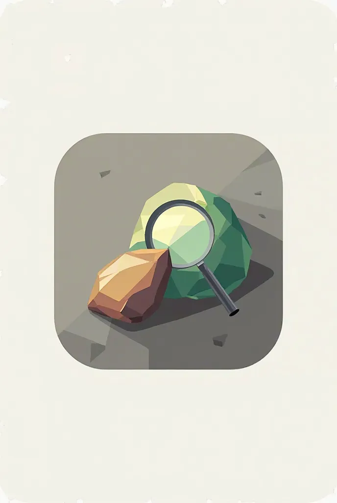 A sleek and modern logo for a stone identifier app, featuring a stylized magnifying glass inspecting a gemstone or rock. Designed with earthy tones like gray, brown, and green, it conveys a professional and minimalistic look, perfect for a mobile app icon....