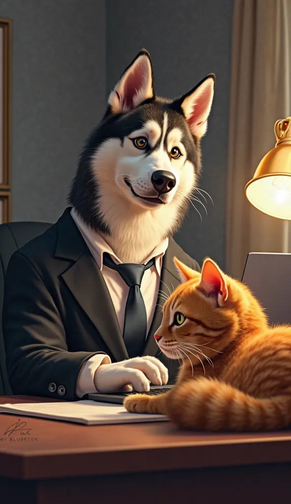 "A well-dressed husky sitting at an office desk, typing on a laptop with a focused expression. A ginger cat with white paws, chubby and adorable, lounges lazily on the desk, its fur shining in the warm light of the office lamp. The cat, resembling Garfield...