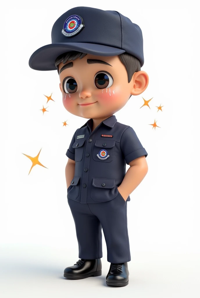 A chibi-style 3D cartoon illustration of a Thai soldier in a dark blue short-sleeved uniform, slacks and a dark blue hat, showing a heartbroken and crying expression, his hands pulling out his empty pockets, with tears streaming down his face and small spa...