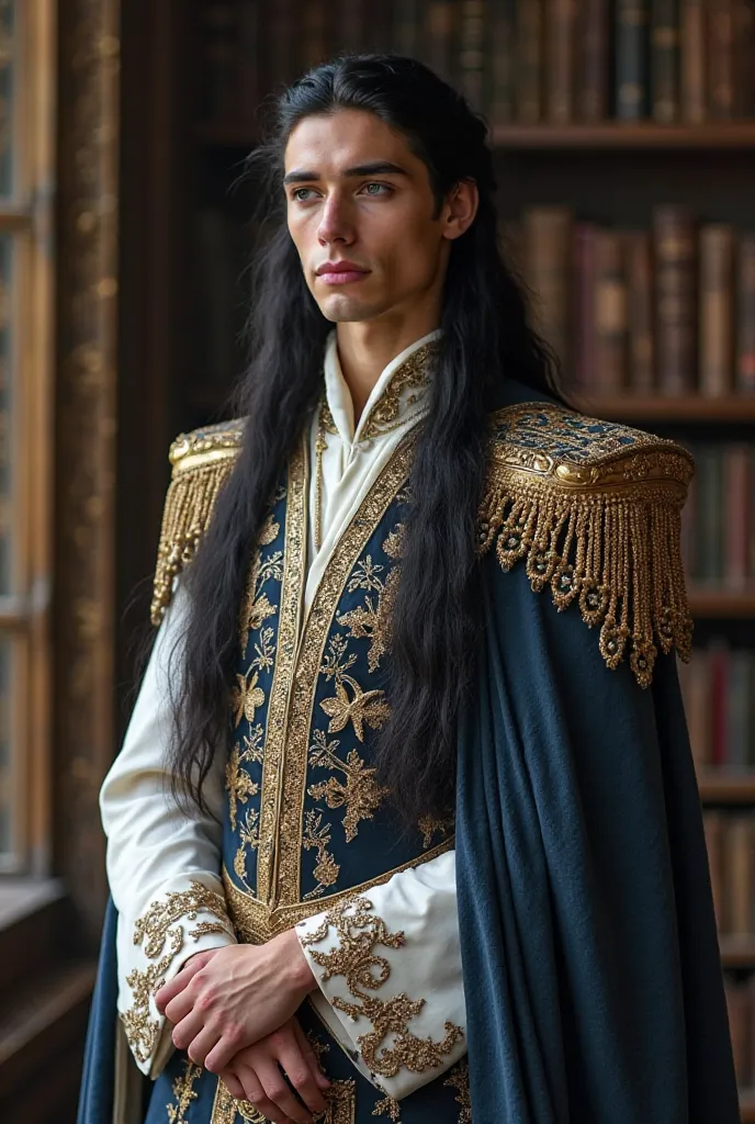 create a human prince, in his mid twenties that is tall, lean, and muscular with strong shoulders. 

He should lean more Nordic in looks with no signs of facial hair or scruff. He should have straight, long, black hair to his waist where the hair length ac...