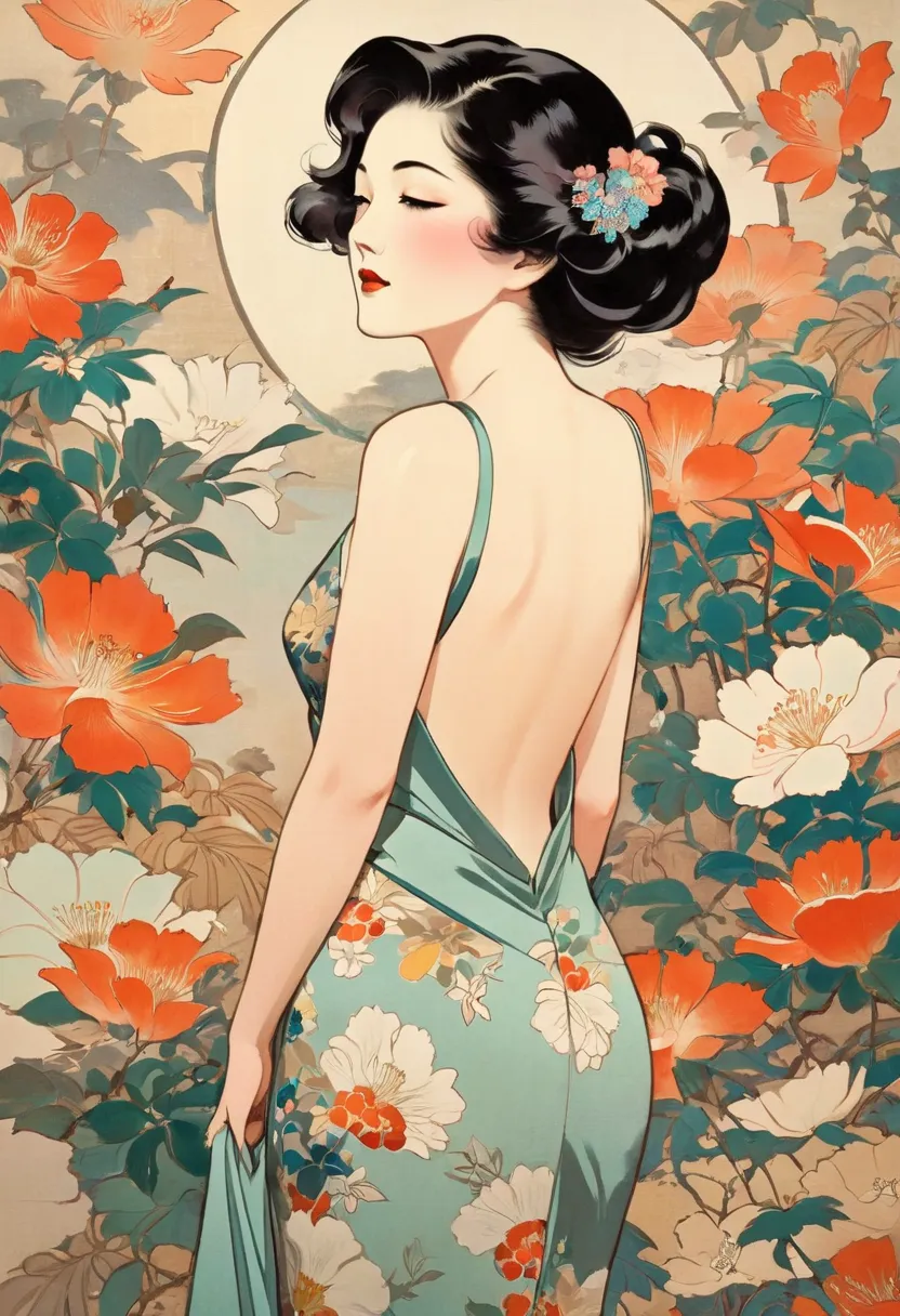 Masterpiece Painting, Feminine Art   , Ichiro Tsuruta,   art deco  ,   Flat Illustration  , vector art ,  Taisho period beauty painting, Retro,  lots of flowers   ,  abstract, Passionate, classic muted tones,  Sensual Japanese Woman,, 40 years old, Retro, ...