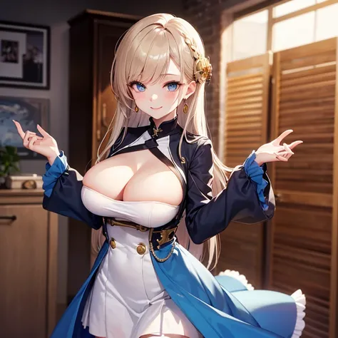 
golden bronze hair. Dress is simple and looks great ,   sexy girl   ,   big breasts ,  whole image ,   silver blue eyes   , Wear earrings , ,   Smiling face gently, cunning  ,   alone ,   schoolgirl   , Azur Lane Style Pictures   , Anime Style Pictures