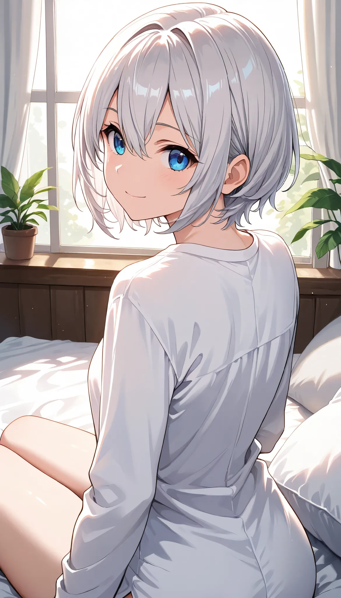 1girl, solo, looking at viewer, smile, short hair, blue eyes, long sleeves, hair between eyes, closed mouth, sitting, white shirt, white hair, grey hair, thighs, indoors, looking back, from behind, pillow, window, on bed, bed sheet, plant, curtains, upper ...