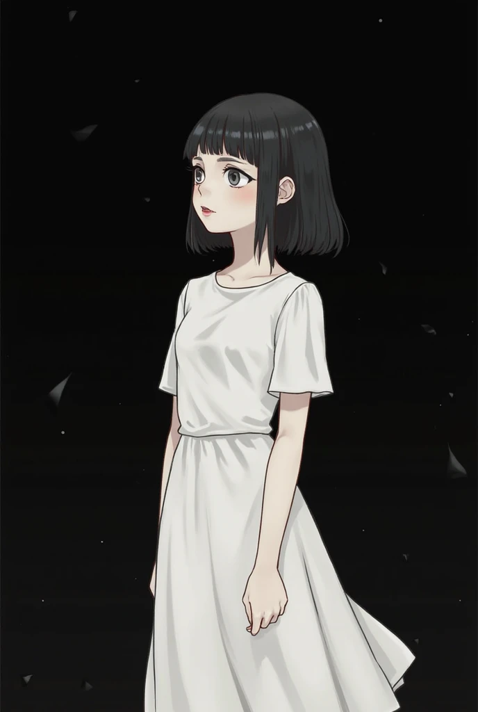 Young black-haired girl say the name RB in a dress front image 
White dress with black background 