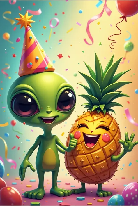 A birthday tag with an alien and an animated pineapple con letras team en grande 