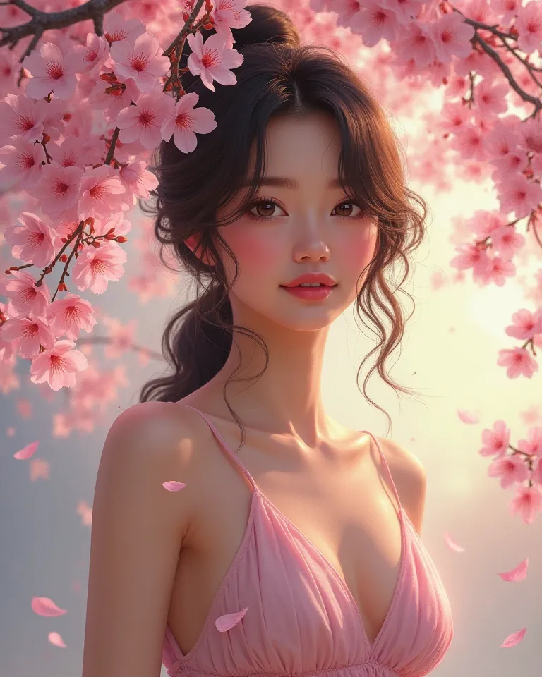 A hyper-realistic 4K digital oil painting of a confident woman with radiant skin, HER BARE BODY standing beneath a blooming cherry blossom tree at dawn, the delicate pink petals falling gently around her in the soft morning light.