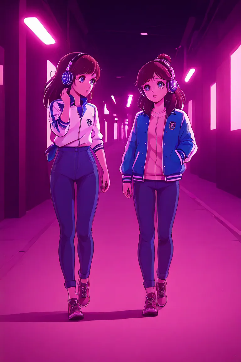  with skyscrapers in the background 、A girl is walking while listening to music、anatomically correct、best quality、4K、8k、high resolution、masterpiece、HD、 wearing a stadium jacket 、