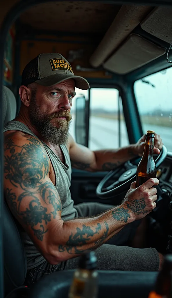 A burly, rough-looking truck driver is gripping the steering wheel with one hand while holding a bottle of beer in the other. His scruffy beard, bloodshot eyes, and menacing smirk reflect his reckless attitude. He wears a stained tank top and a trucker cap...