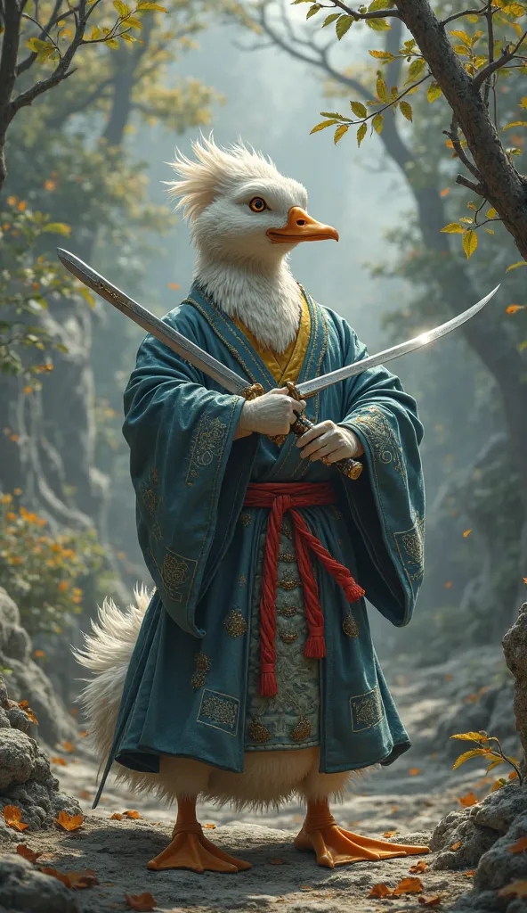 (Ultra realistic),  "A fierce martial arts master duck, wearing a battle robe, with sword 