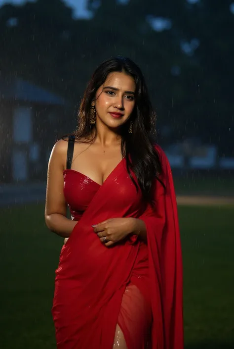 She stands in the drizzle, the wet saree clinging to her body, emphasizing her sensual silhouette. The semi-transparent fabric reveals the shape of her legs, while her blouse, soaked in rain, enhances the curves of her soft chest. Her hair is damp, strands...