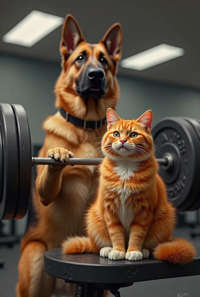 "A strong German Shepherd lifting weights at the gym, showing determination and strength. Nearby, an orange cat with white paws, a chonker with a lazy yet confident expression, sits on a bench, eating a sandwich instead of working out. The image is a stunn...