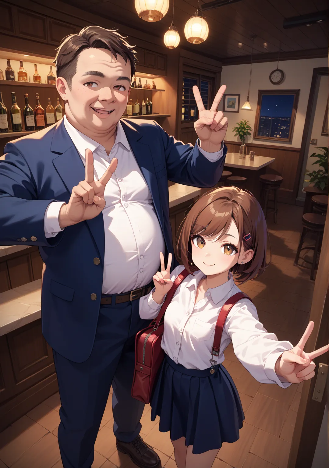 Selfie,1 girl,1 man, standard height,short hair,straight hair that can't be seen from the outside ,brown hair,Brown Eyes,glamorous,swept bangs,white button-up shirt,dark blue skirt,her dark blue blazer,walk,bag,night,,fat old man,middle age man,Selfie,nigh...