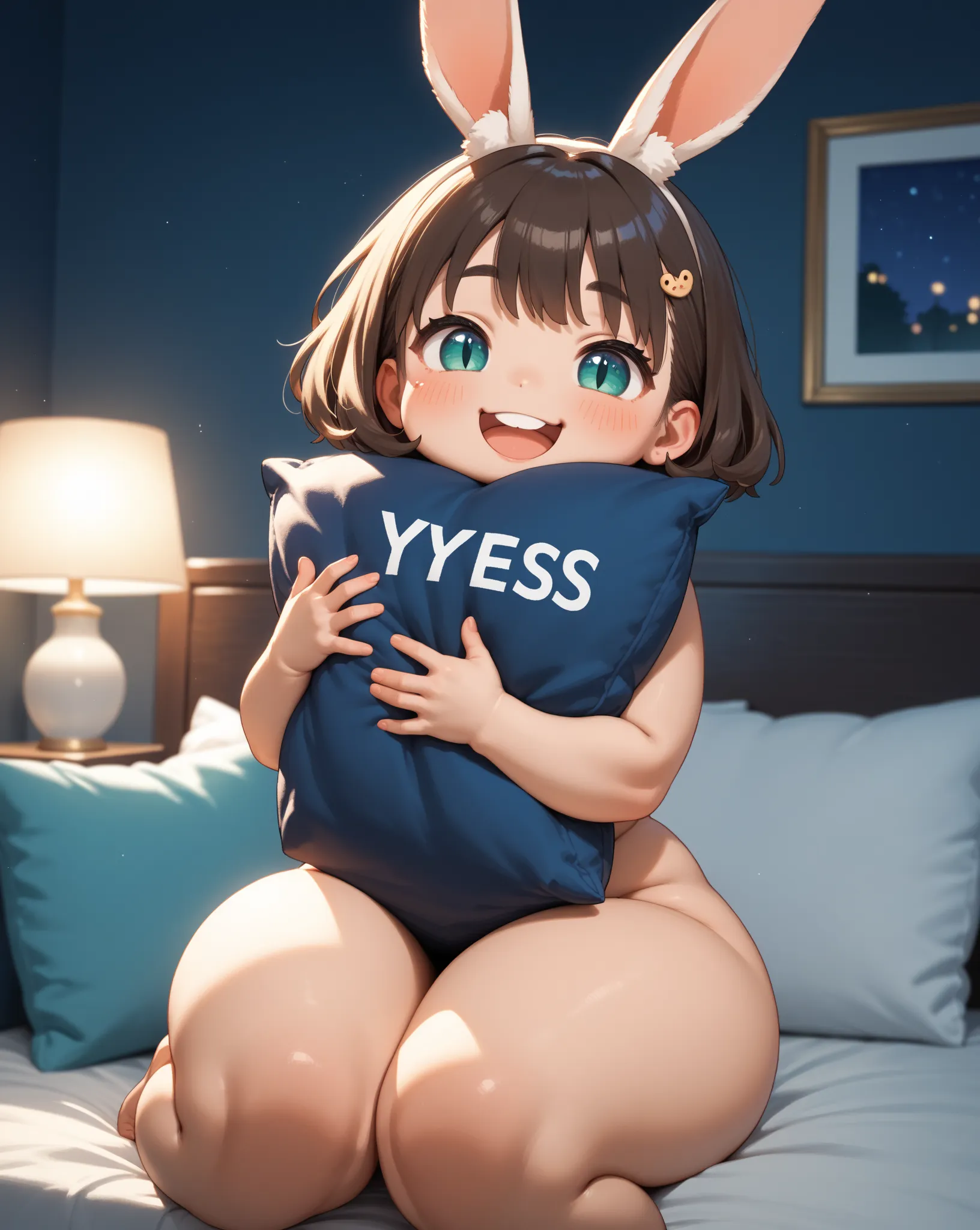 chibi anime , petit girl , round face , show off Thick thighs , naked , (heart is beating fast:0.1) , (Rodents tooth) , bold pose , out of frame , coquettish , rabbit ear , turn , night room , dim light , Slit overflowing with juice , fetish , Embrace text...