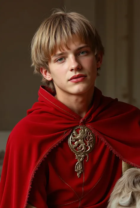 Beautiful blond-haired, green-eyed Lannister boy with a striking jaw dressed in crimson robes 