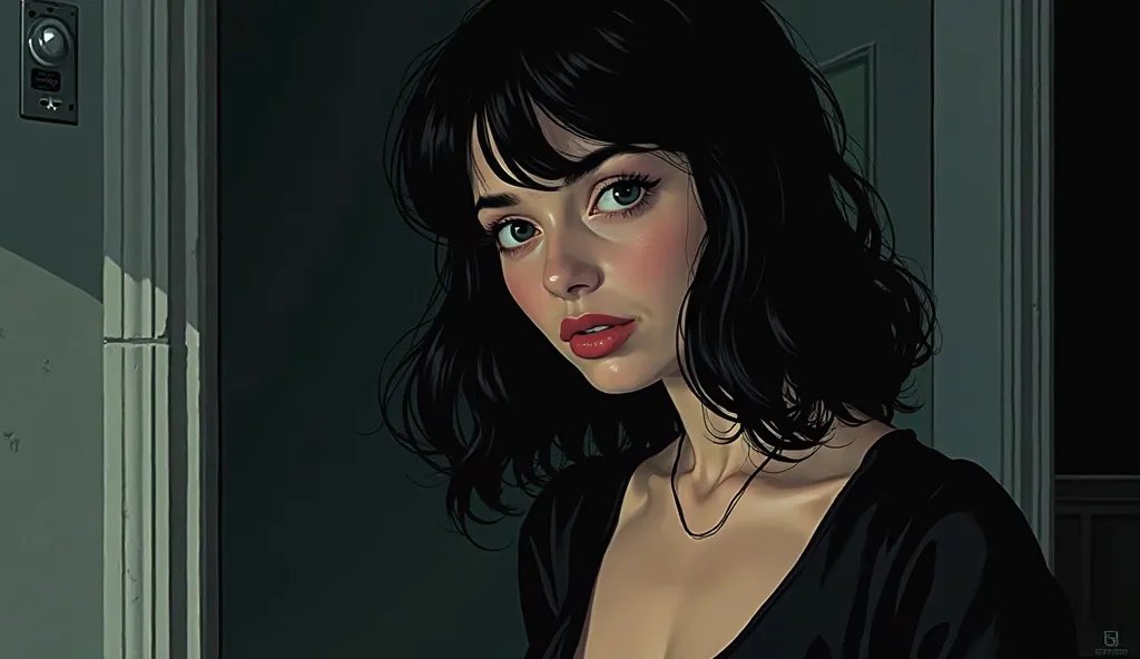  Illustration in comic noir style with an elegant atmosphere, tiles with an air of sophistication  "Flat detail of Nora's eyes  ( Young man with medium long hair with wavy bangs , dark,  with a more emotional and vulnerable expression . ,  and dressed in a...