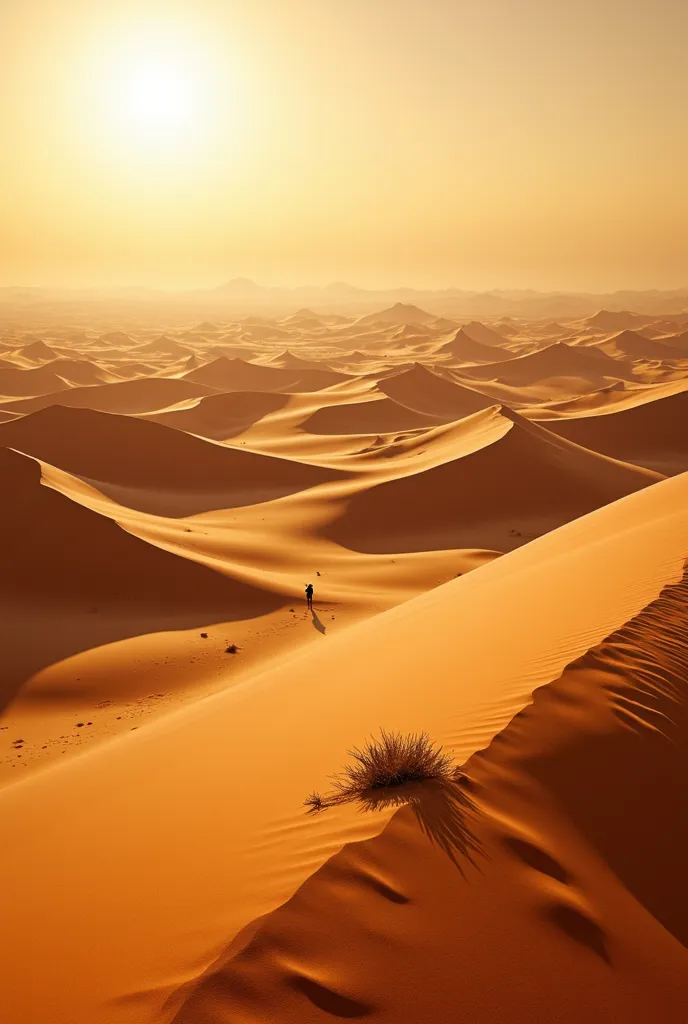 Scenario: Zahar Desert

Camera Angle:
The camera starts in a panoramic plane, capturing the vast sand dunes that extend to the horizon. As the camera descends, details of the sand moving with the wind and small dry shrubs are visible.

 lighting:
The light...