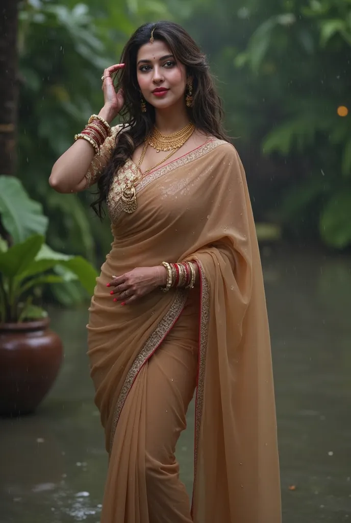 She stands in the drizzle, the wet saree clinging to her body, emphasizing her sensual silhouette. The semi-transparent fabric reveals the shape of her legs, while her blouse, soaked in rain, enhances the curves of her soft chest. Her hair is damp, strands...