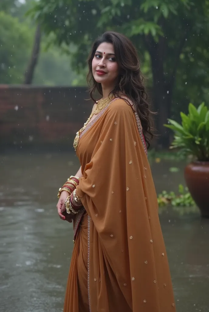 She stands in the drizzle, the wet saree clinging to her body, emphasizing her sensual silhouette. The semi-transparent fabric reveals the shape of her legs, while her blouse, soaked in rain, enhances the curves of her soft chest. Her hair is damp, strands...