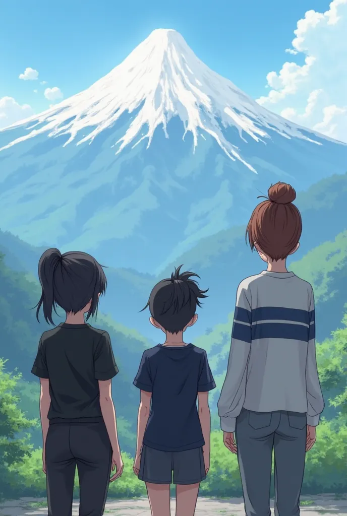 There are three girls standing in front of the mountain view, the girl on the left has black hair and has her hair in a ponytail and has a black short-sleeved T-shirt on the bottom and black pants The girl standing in the middle has black hair with her hai...