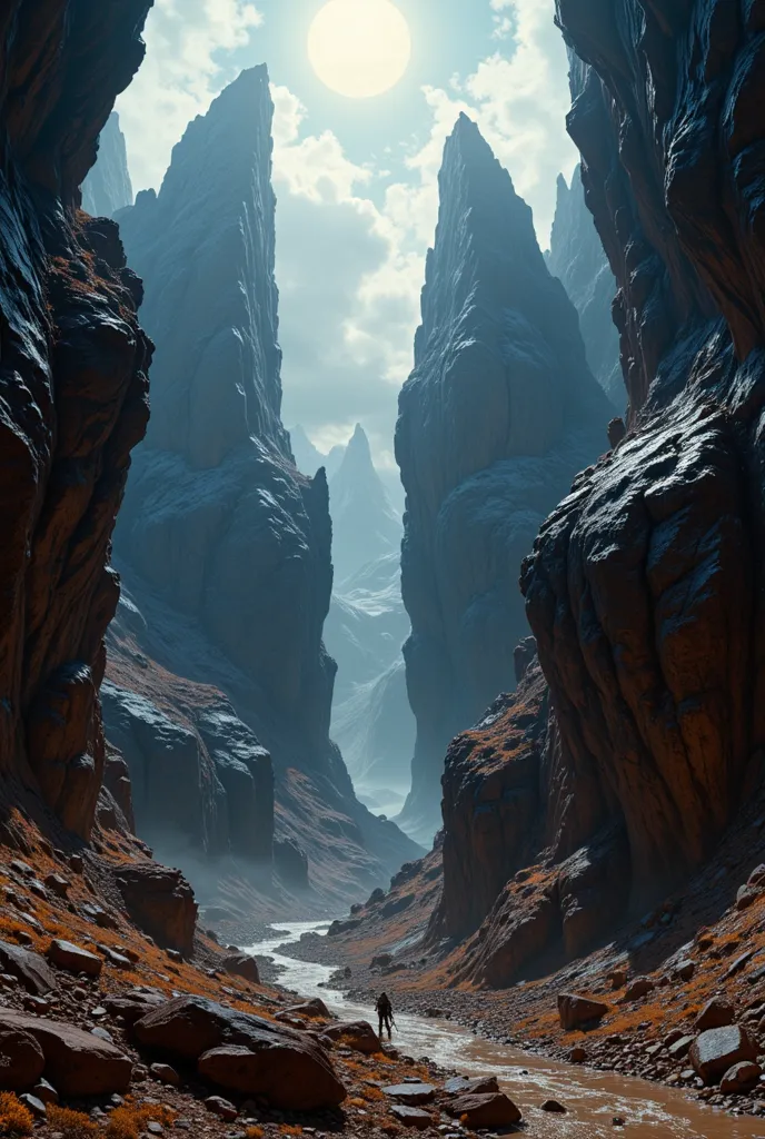 Scenario: Iron Mountains

Camera Angle:
The camera focuses on the tall, irregular iron mountains, capturing its imposing shape. The view is from top to bottom, showing the rough peaks and ravines between them.

 lighting:
 The light is dark , with the Sun ...