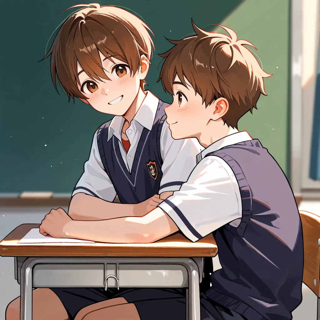 high resolution,  the best resolution , 8K, cute boy, handsome, fun, Good, friendly,  messy brown hair, school uniform, about 20 years old, brown eyes, man,  smile, side view, Sitting at his class table, classroom 