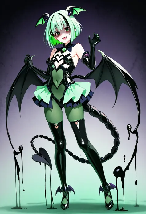 Succubus-style magical girl. Black scorpion tail. Scorpion motif. Black carapace. Mint green hair. Two-tone hair. Short hair. High legs. Body tights. Sharp claws. Black paint hands. Yandere Smile.