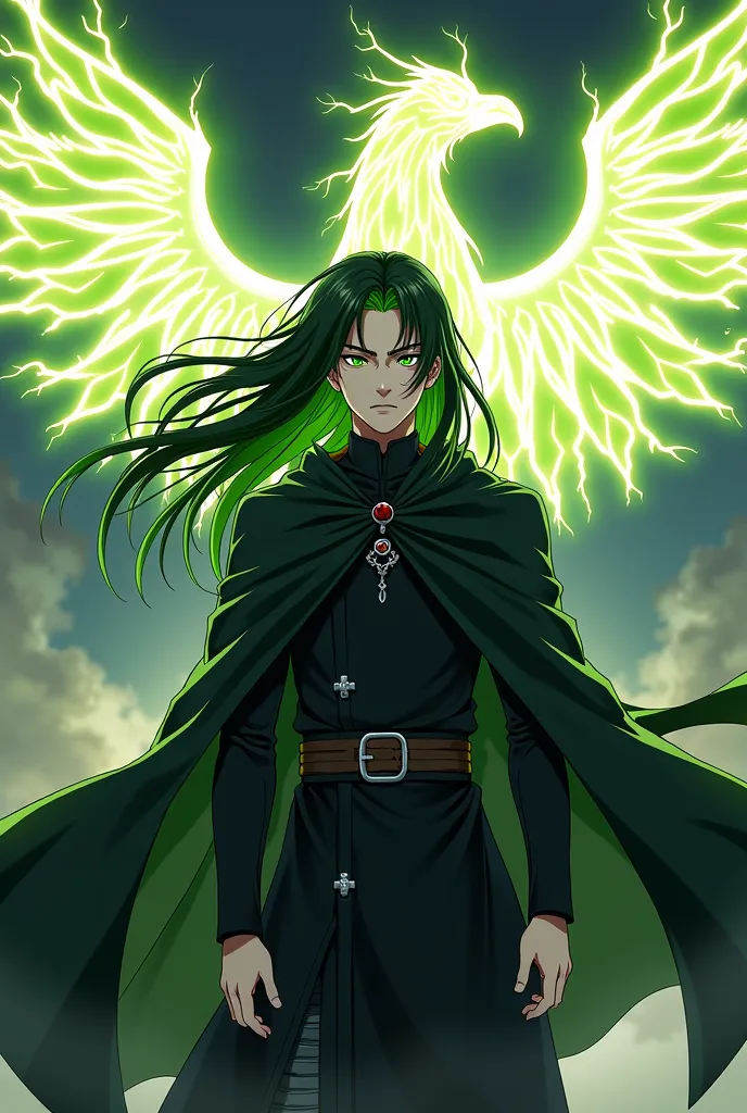 (photorealism:1.2)

male, long black hair, green highlights, green eyes, black cloak, scar on chin, anime, (RAW photo, better quality), better quality, highly detailed, master part, ultra detailed, illustration, highly detailed anime manga, phoenix made of...