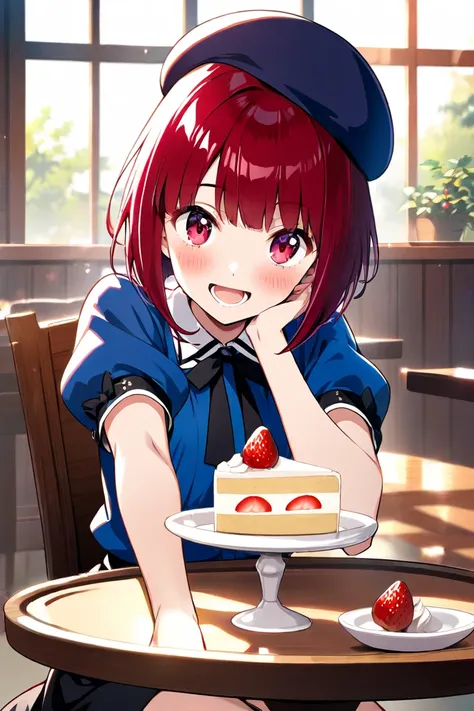 arima kana, 1girl, solo, looking at viewer, blush, smile, open mouth, short hair, red eyes, hat, sitting, red hair, food, indoors, medium hair, black skirt, puffy short sleeves, black headwear, window, black ribbon, fruit, beret, chair, bob cut, table, blu...