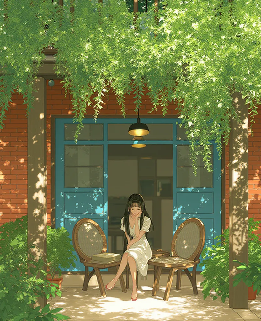 ar311.A beautiful and perfect photo of a bright and serene outdoor patio scene in a suburban setting, with a red-brick house and blue-framed windows and doors. The patio is furnished with simple wooden chairs and a table, surrounded by well-kept greenery, ...