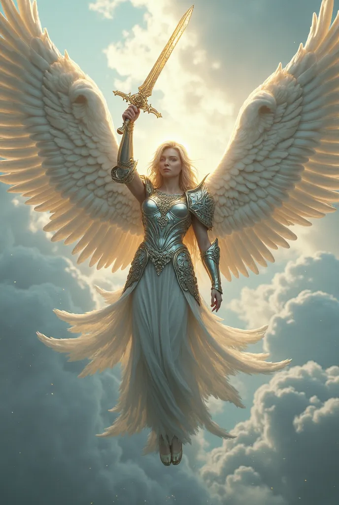 Archangel in armor suspended in the sky supporting sword