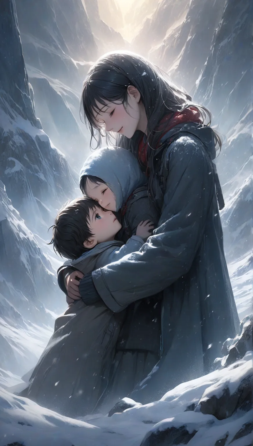  extreme resolution , illustration, Warm hug,    An exhausted mother embraces her son tightly   ,    Relief overflowing with a sense of loss   ,   Miraculous rescue drama   ,    My son who was frozen is shedding tears of joy  , Cool appearance  ,  Revived ...