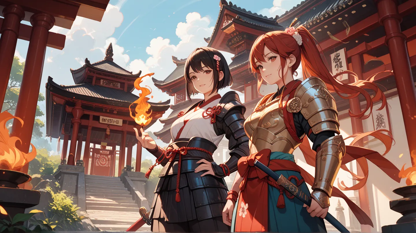 The temple where Oda Nobunaga faces off wearing armor from the Sengoku period, with Nobunaga standing in front, a beautiful kunoichi next to him, and another samurai wearing armor standing next to him, the temple is on fire.