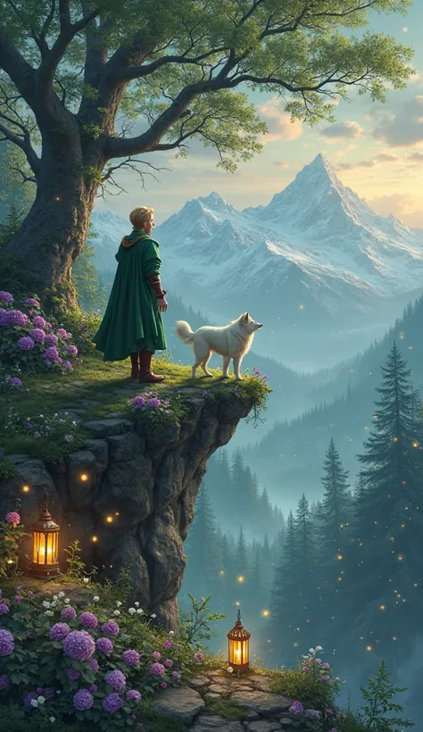 The map is made in fantasy style 

The centerpiece is a magical green forest , there is a guy in 25 years old with short blond hair 
It's on the edge of a cliff . He wants to step off a cliff .  
a white dog jumps next to the guy. lots of fireflies fly . 
...