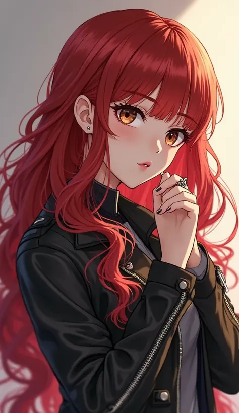  girl with long hair,  with straight bangs , wavy red hair, with slanted brown eyes, Wearing a black leather jacket , beautiful and elegant, with rings on fingers, realistic anime style,  Tokyo Revengers anime style 