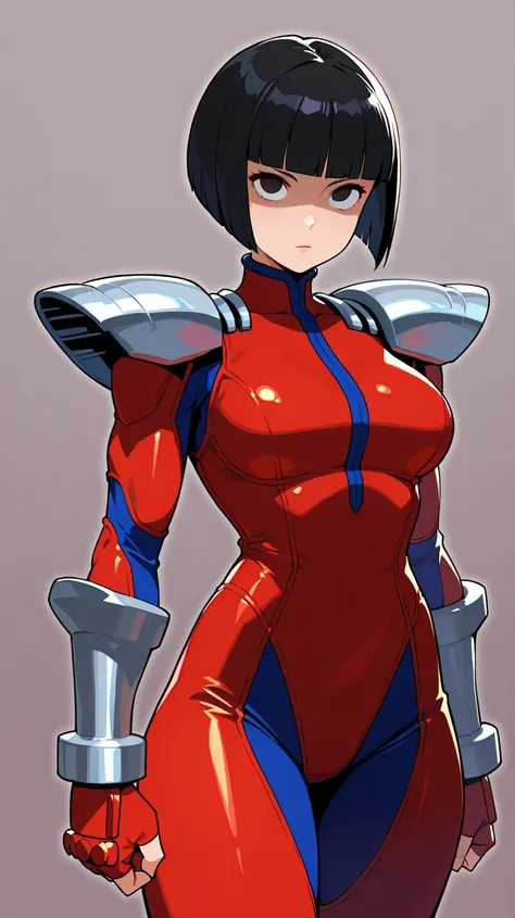 M.Bison (Street Fighter), neutral, expressionless, standing, looking at viewer, (((blunt cut, bob, blunt bangs, bob cut))), wiry,red body suit,,Shaded face, cowboy shot, rolling eyes, no pupils, 1girl, solo,silver shoulder 