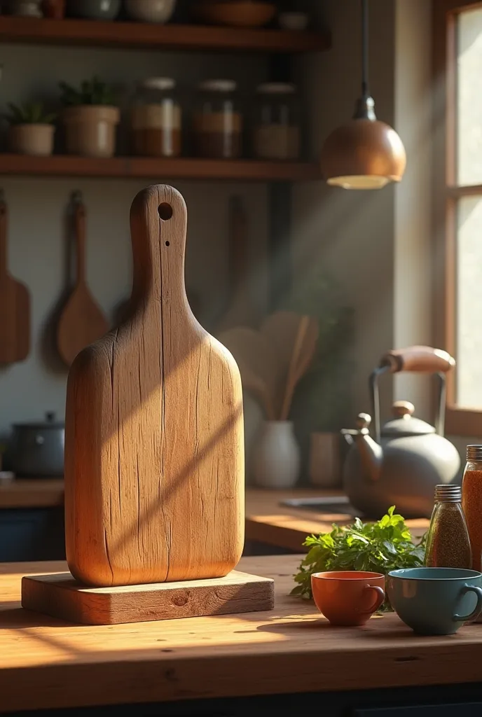 a wooden chopping board resting on a nearby table, on the table just some kettle , mugs and bottles of spices