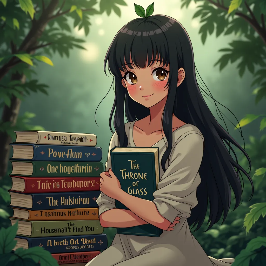 Ok make an anime 18 year old Filipino woman with a small leaf resting on the top of her head. Surrounded by nature with the book (A Throne of Glass) in her arms and a stack of books to her left that include the titles (Powerless), (Powerful), (One Dark Win...