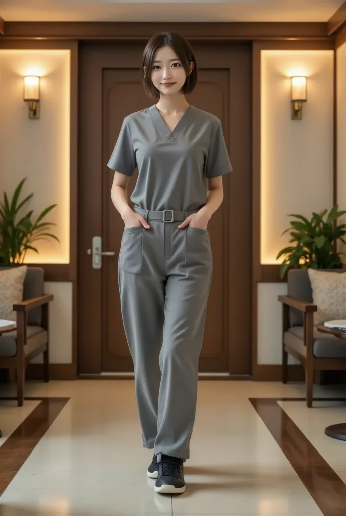 A high-class dental clinic run by Japanese dental hygienists. A dental hygienist wears gray scrubs and a face mask and walks down the hallway of a clinic. This clinic features elegant lighting, high-end dental equipment, and a professional yet welcoming at...