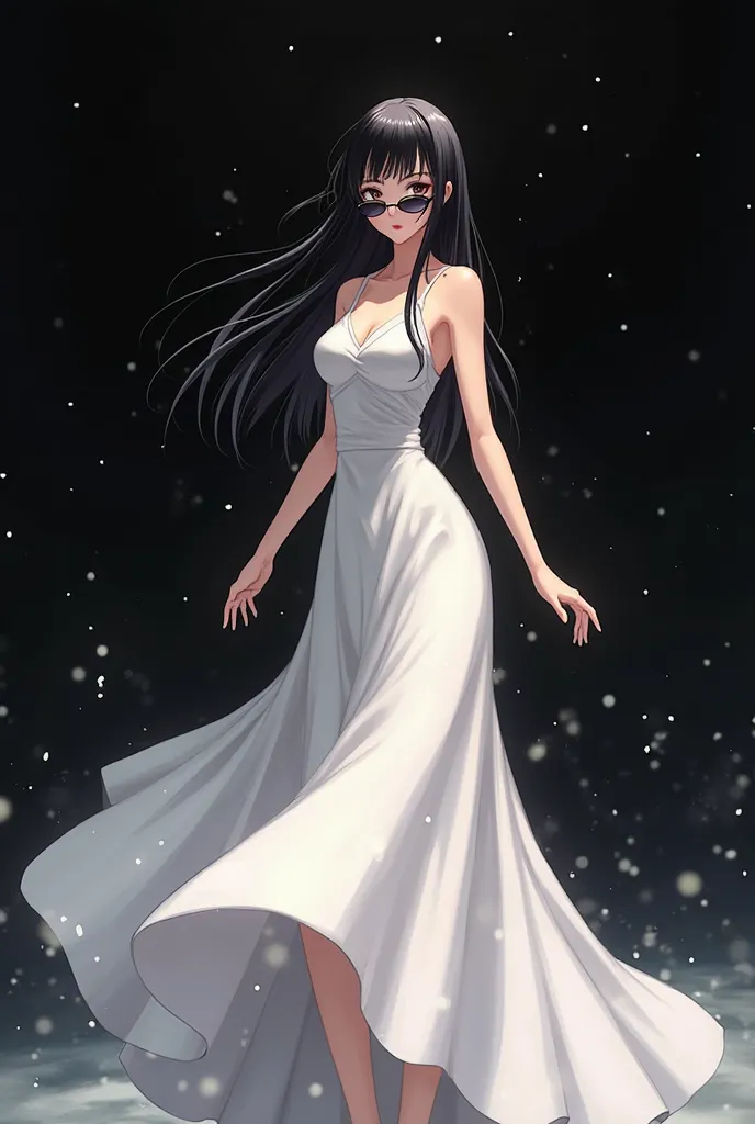  long straight black hair White dress sunglasses and black anime background 