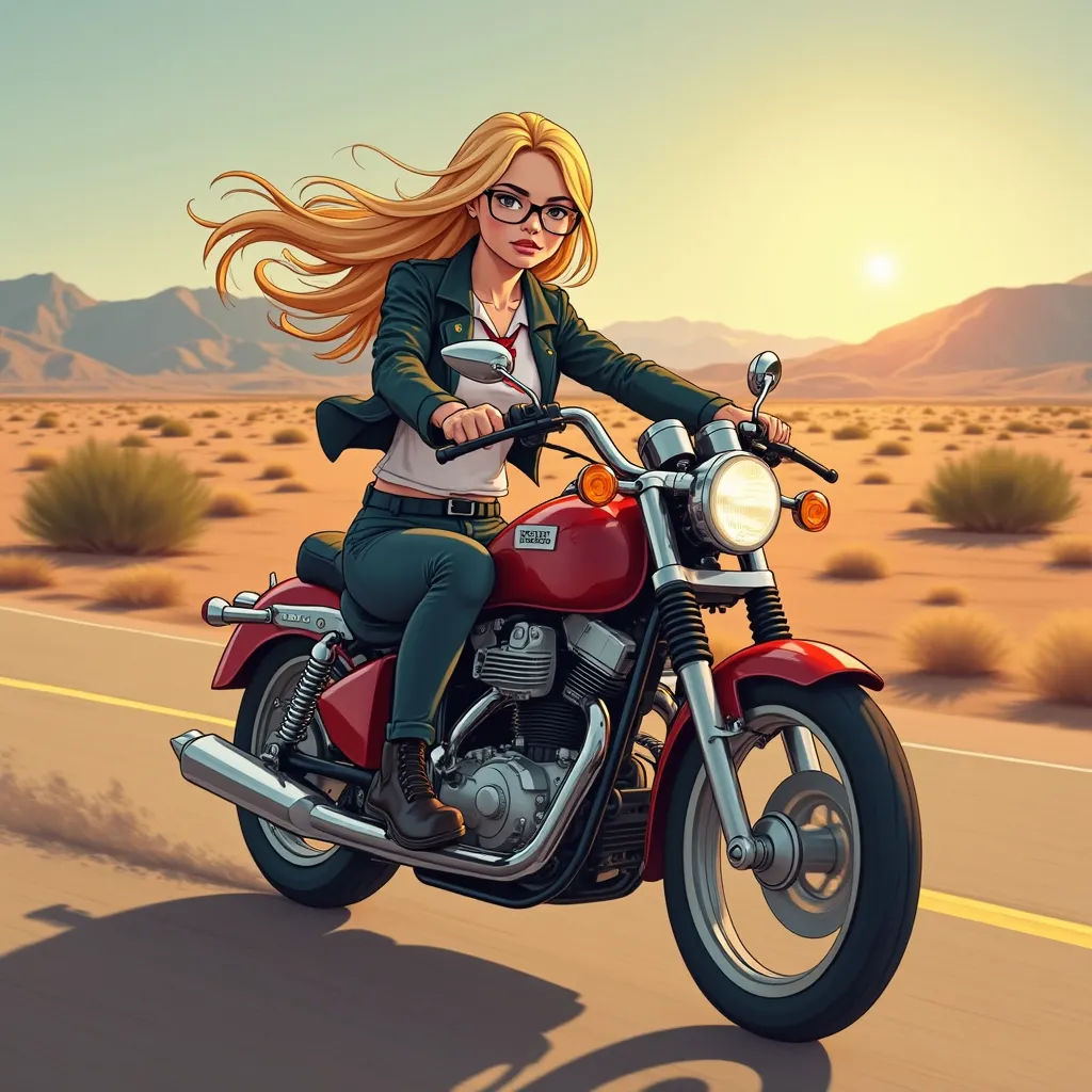 Let's say you are a world-class illustrator. Please help me draw a picture of a white woman with long blond hair and a curved waist, wearing a high school uniform and glasses, riding a motorcycle on a desert road in the evening.