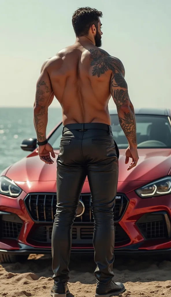  Photorealistic, Spectacular realistic Arab man, hdr, handsome and muscular, sexy, sexy,  Big Biceps , fitted sailor suit, large musculature various colors,,  standing aside luxurious sports car ,  perfect face , great lighting of the face   ,  tattoo on t...