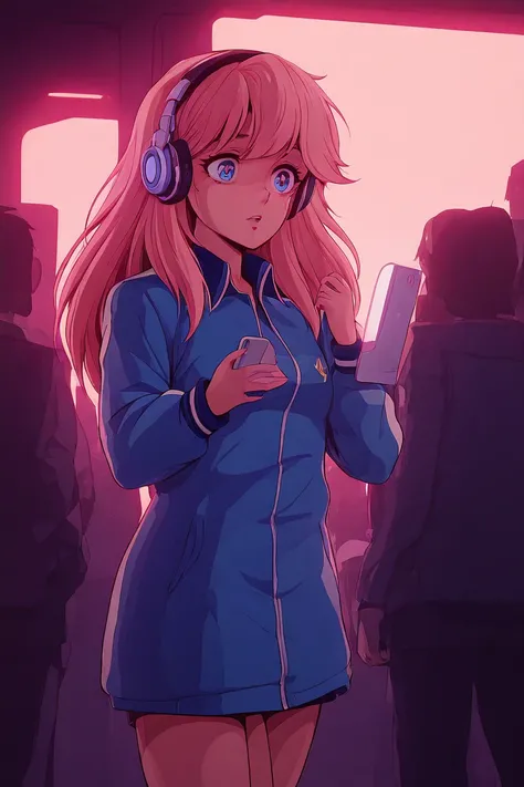  with skyscrapers in the background 、A girl is walking while listening to music、anatomically correct、best quality、HD、 wearing a stadium jacket 、cyber feeling 、 Technology 