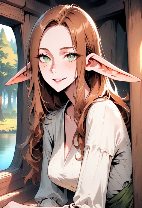 solo, female, elf, huge pointed ears, medium breasts, long brown hair, dark green eyes, freckles, medieval, come hither, close up, sexy pose, lake, forest, sackcloth shirt, inside cabin, wide smile, very tall, slender, parted lips