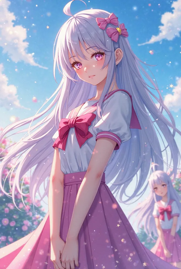 Anime style. Women with long silver hair, pink eyes like jewels, wearing school dresses like in shugo chara story. 