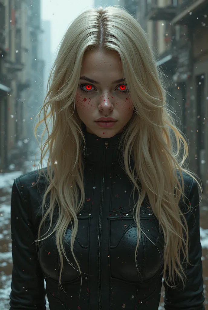 A girl with blonde hair and red eyes...with a cold poker face. Preferably in a DC superhero artstyle