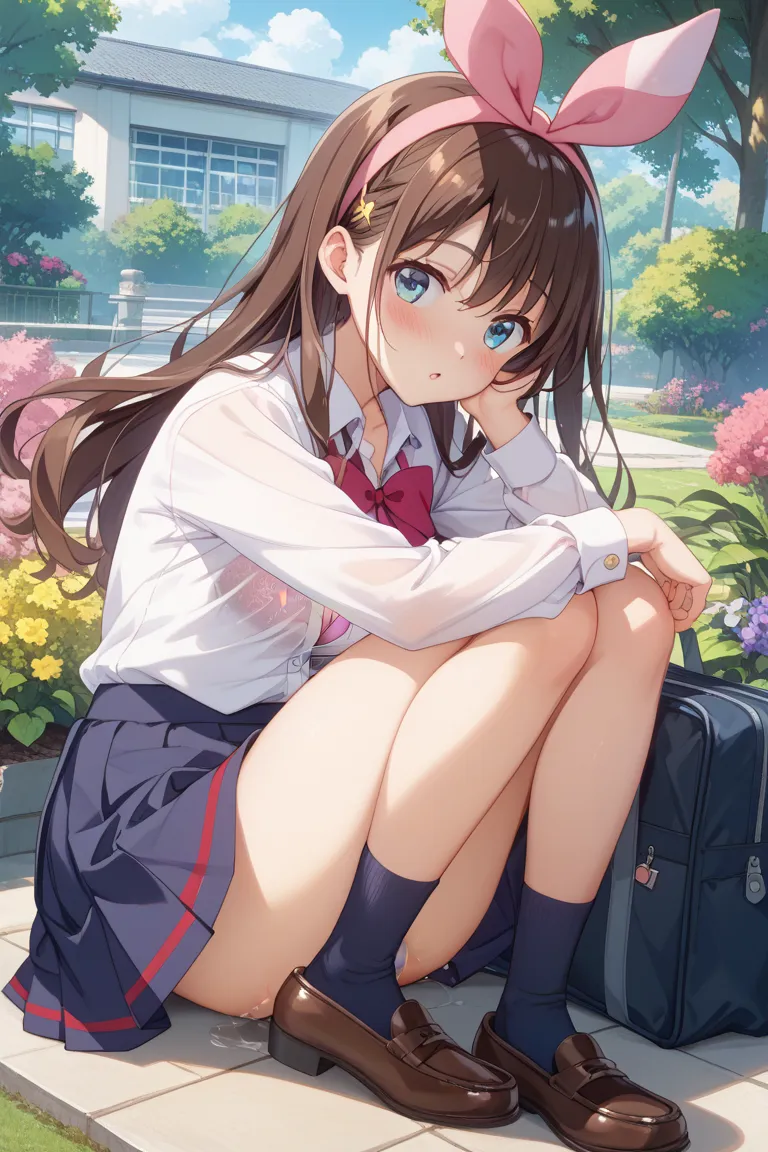 Kizuna Ai、dark brown hair color、long hair、In uniform、 The blouse is unbuttoned 、chest visible、 will stretch your chest、bra、miniskirt、blush、garden、Bare legs、Love juice、Love juiceが地面にたまる、Panties are off to the knee、Japanese anime style、Kamigami、 pink mesh、ha...