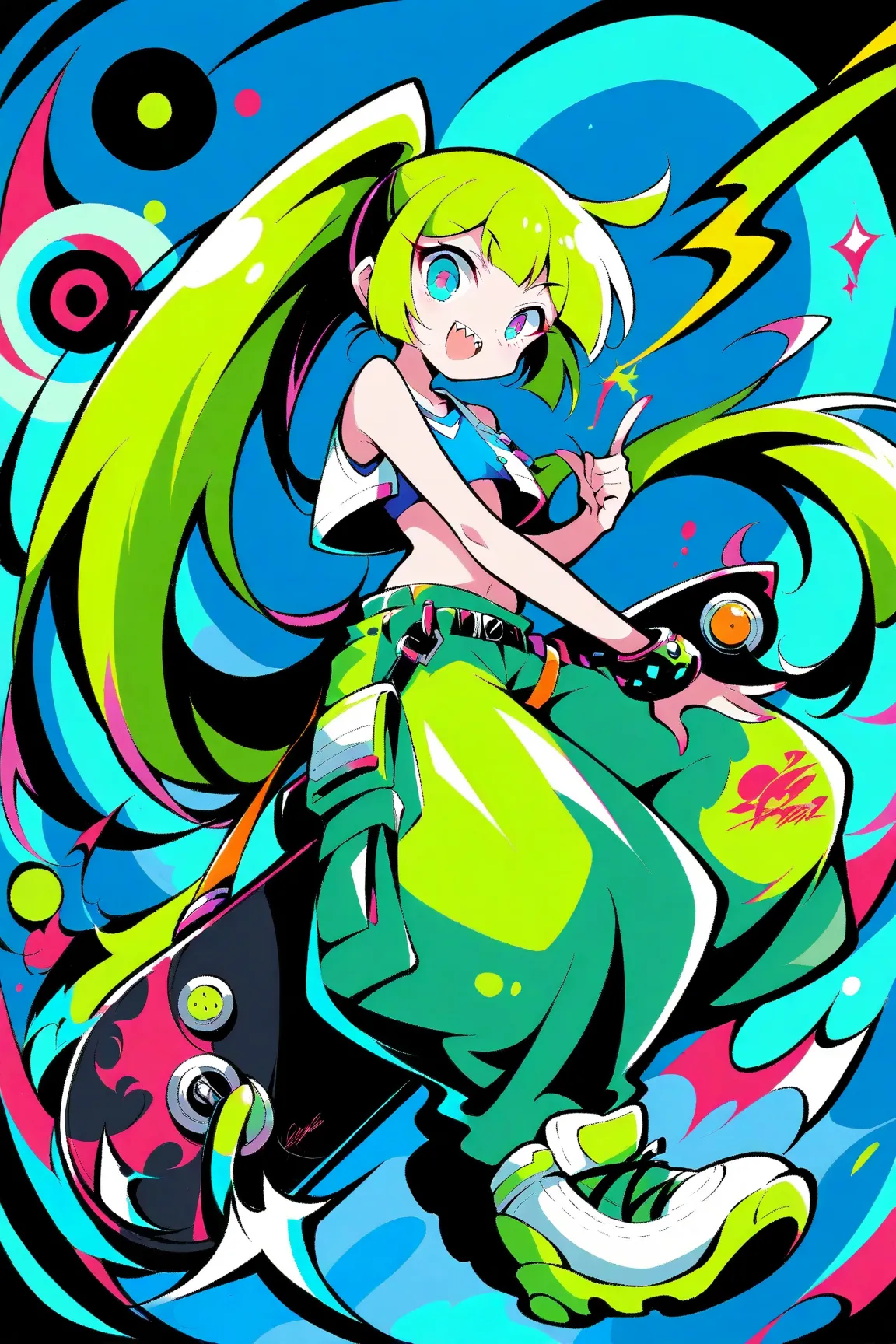 (has the best quality, graffiti sketch:1.2),practical, illustration designer  ,cunning，1 girl,  long white long hair anime girl with double ponytail, Big eyes and sharp teeth, wearing a white cropped vest and huge loose pants，blue and lime green color sche...