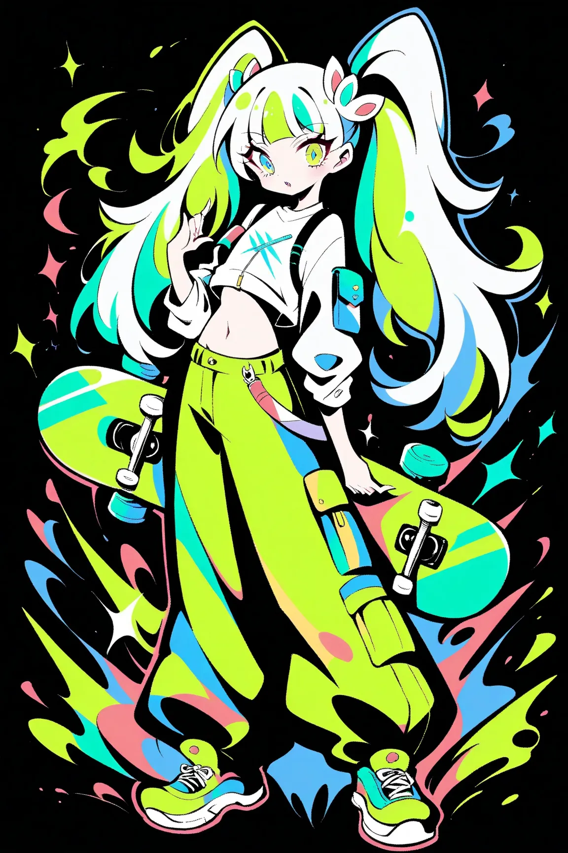 (has the best quality, graffiti sketch:1.2),practical, illustration designer  ,cunning，1 girl,  long white long hair anime girl with double ponytail, Big eyes and sharp teeth, wearing a white cropped vest and huge loose pants，blue and lime green color sche...